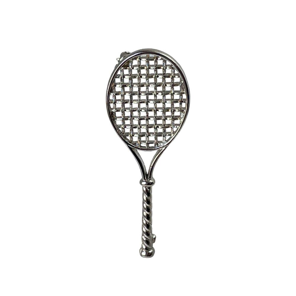 1970s Monet Textured Silver Tone Metal Tennis Racket Sport Lover Gift Pin Brooch